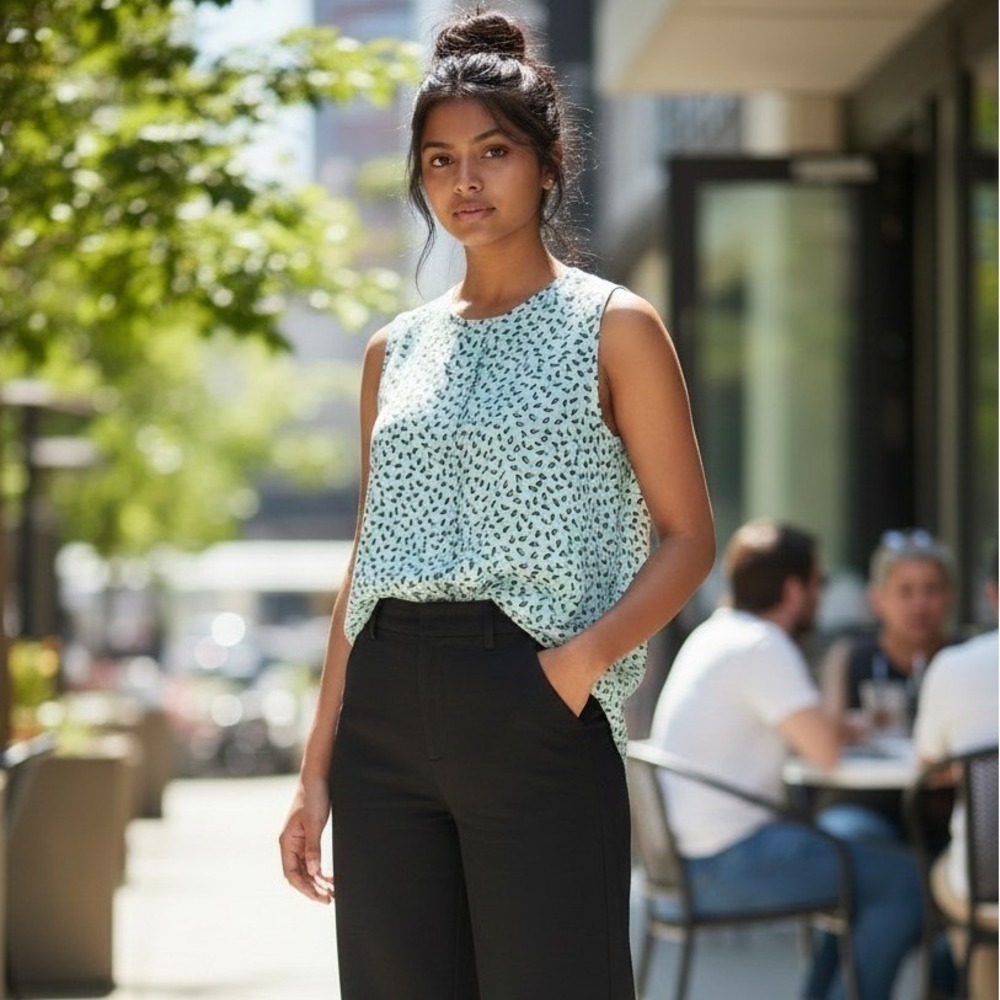Loft Petites Mint Green Abstract Leaf Print Sleeveless Blouse XXSP